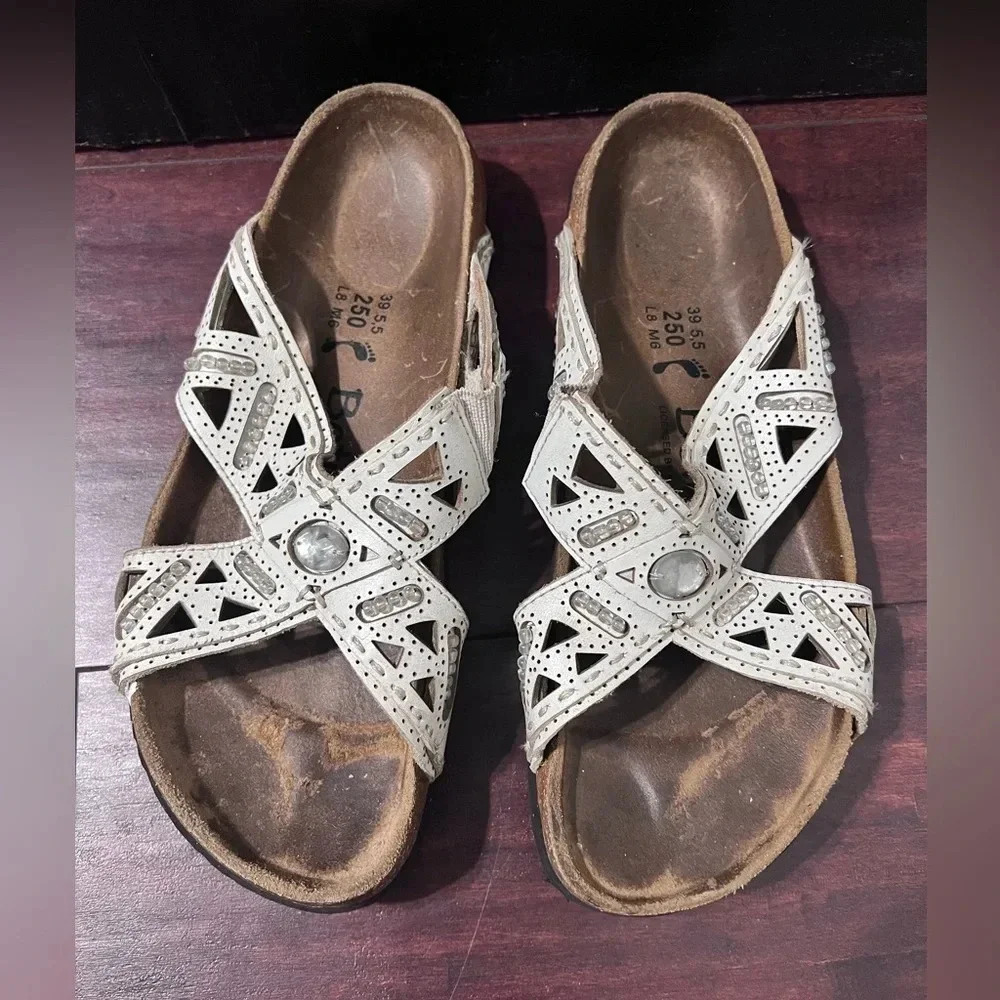 Birkenstock Betula White Leather Criss Cross Strap Slide Sandals Size EU 39